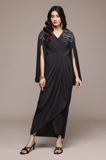 Buy_Ritu Kumar_Black Viscose, Crepe Beads, Embroidery V-neck Lior Fit And Flare Dress _Online_at_Aza_Fashions