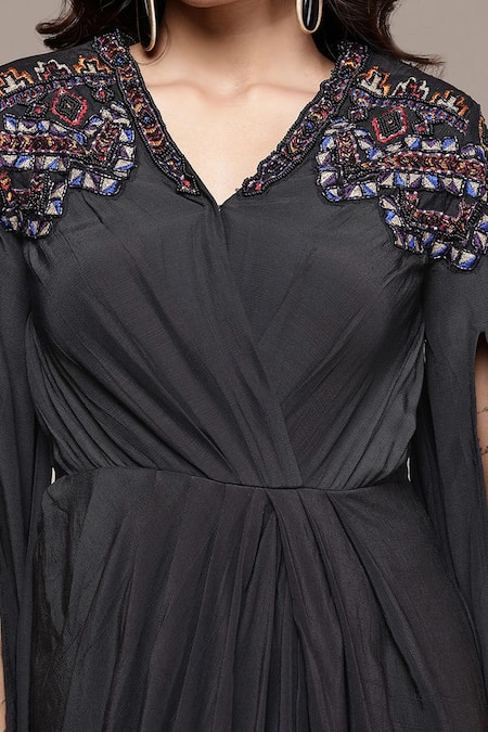 Ritu Kumar_Black Viscose, Crepe Beads, Embroidery V-neck Lior Fit And Flare Dress _at_Aza_Fashions