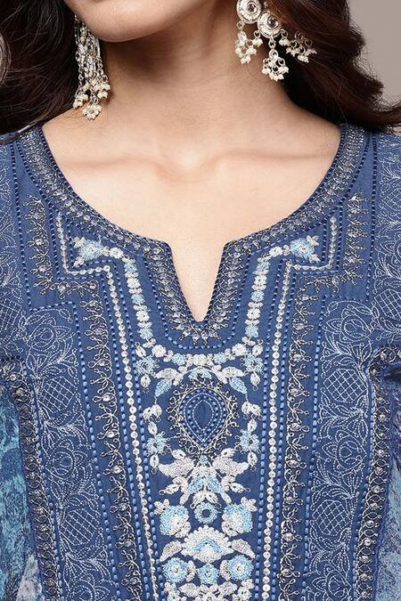 Ritu Kumar_Blue , Chiffon, Crepe, Chinon Rajas Abstract Print Kurta Set _Online_at_Aza_Fashions