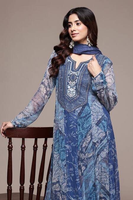 Buy_Ritu Kumar_Blue , Chiffon, Crepe, Chinon Rajas Abstract Print Kurta Set _Online_at_Aza_Fashions