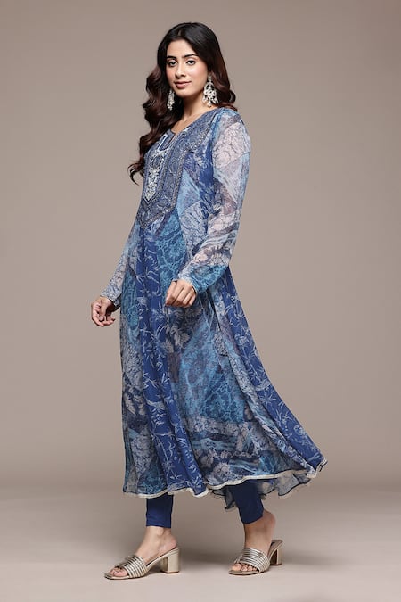 Buy_Ritu Kumar_Blue , Chiffon, Crepe, Chinon Rajas Abstract Print Kurta Set 