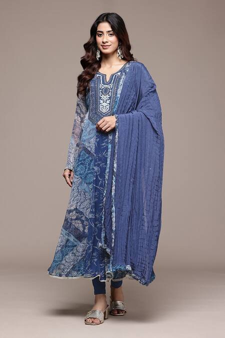 Shop_Ritu Kumar_Blue , Chiffon, Crepe, Chinon Rajas Abstract Print Kurta Set 