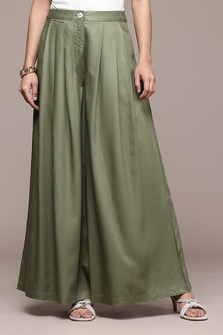 Ritu Kumar_Olive Green Rayon, Twill Full Length Straight Pant _Online_at_Aza_Fashions