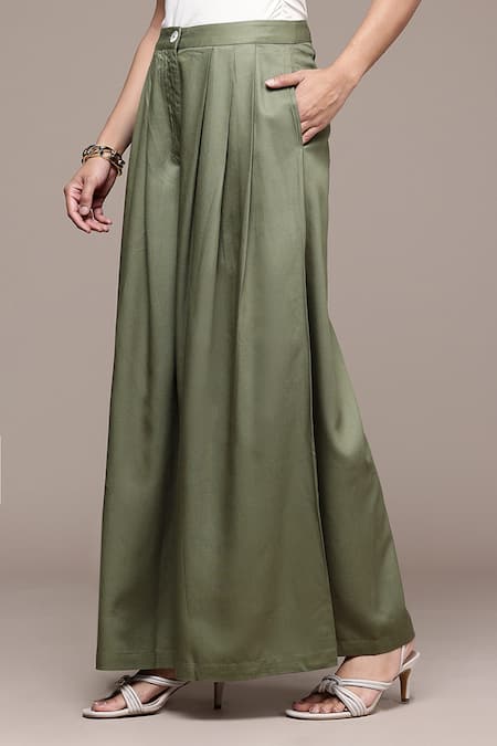 Buy_Ritu Kumar_Olive Green Rayon, Twill Full Length Straight Pant _Online_at_Aza_Fashions