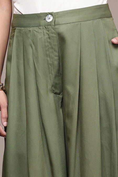 Shop_Ritu Kumar_Olive Green Rayon, Twill Full Length Straight Pant _Online_at_Aza_Fashions
