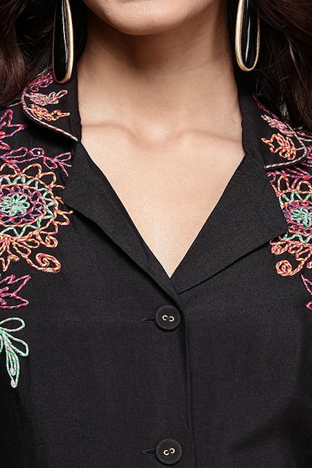 Ritu Kumar Black Silk Embroidery V-neck, Collared Yoke Dress Online at Aza Fashions Ritu Kumar_Black Silk Embroidery V-neck, Collared Yoke Dress _Online_at_Aza_Fashions