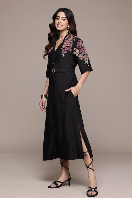 Buy Ritu Kumar Black Silk Embroidery V-neck, Collared Yoke Dress Online at Aza Fashions Buy_Ritu Kumar_Black Silk Embroidery V-neck, Collared Yoke Dress _Online_at_Aza_Fashions
