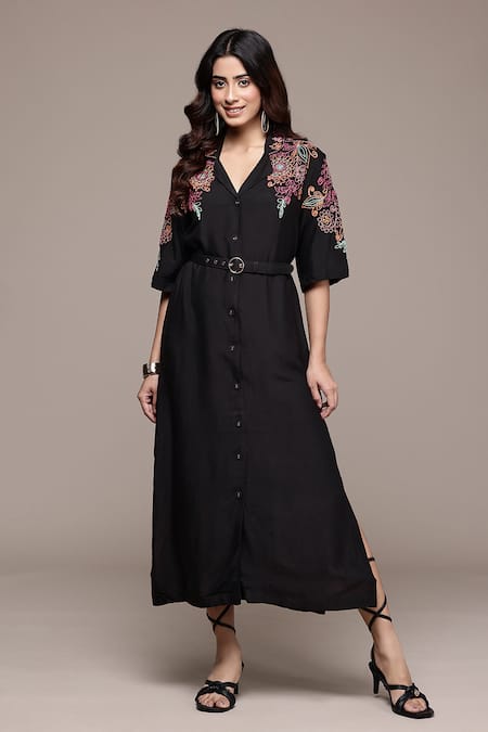 Shop Ritu Kumar Black Silk Embroidery V-neck, Collared Yoke Dress Online at Aza Fashions Shop_Ritu Kumar_Black Silk Embroidery V-neck, Collared Yoke Dress _Online_at_Aza_Fashions