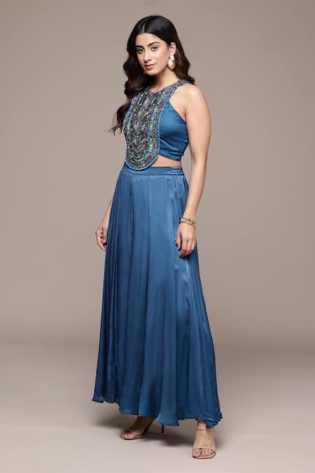 Ritu Kumar_Blue Modal, Satin Beads, Embroidery Crew Neck, Wallem Cut Sleeve Shrug Pant Set _Online_at_Aza_Fashions