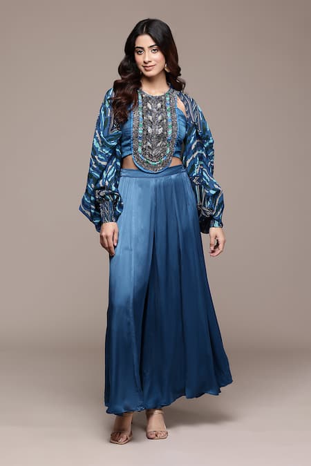 Buy_Ritu Kumar_Blue Modal, Satin Beads, Embroidery Crew Neck, Wallem Cut Sleeve Shrug Pant Set _Online_at_Aza_Fashions