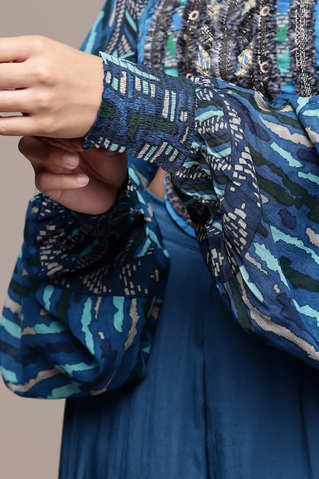 Ritu Kumar_Blue Modal, Satin Beads, Embroidery Crew Neck, Wallem Cut Sleeve Shrug Pant Set _at_Aza_Fashions