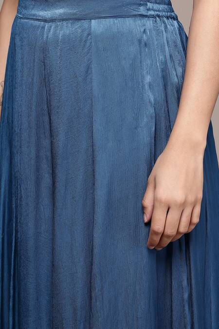 Buy_Ritu Kumar_Blue Modal, Satin Beads, Embroidery Crew Neck, Wallem Cut Sleeve Shrug Pant Set 