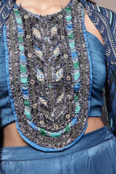 Shop_Ritu Kumar_Blue Modal, Satin Beads, Embroidery Crew Neck, Wallem Cut Sleeve Shrug Pant Set 