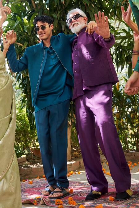 Philocaly_Purple Silk Embroidery Arvansh Color Block Bandhgala _Online_at_Aza_Fashions