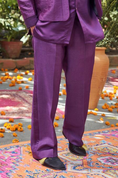 Philocaly_Purple Silk, Cotton, Tussar Embroidery Arvansh Bandhgala Set _Online_at_Aza_Fashions