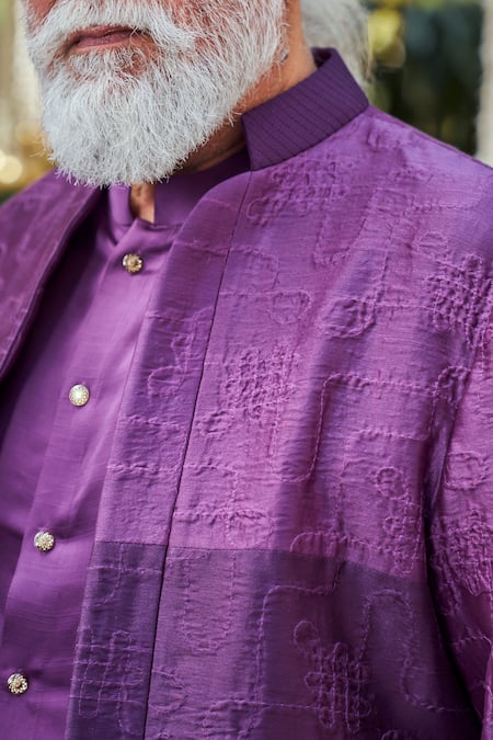 Shop_Philocaly_Purple Silk, Cotton, Tussar Embroidery Arvansh Bandhgala Set _Online_at_Aza_Fashions