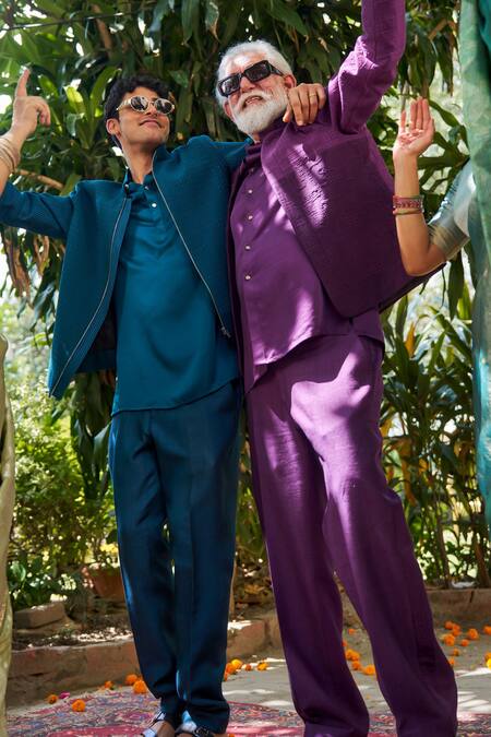 Philocaly_Teal Silk Embroidery, Zari Vyan Smocked Bandhgala _Online_at_Aza_Fashions