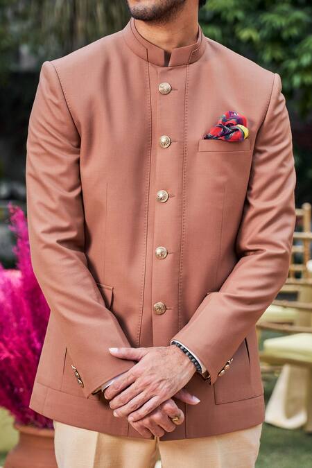 Philocaly_Brown Wool Ojas Double Collar Pick-stitch Bandhgala _Online_at_Aza_Fashions