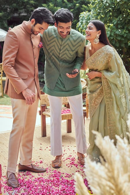 Buy_Philocaly_Brown Wool Ojas Double Collar Pick-stitch Bandhgala _Online_at_Aza_Fashions