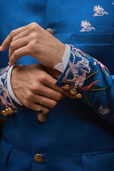 Philocaly_Blue Silk Embroidery Bagh Mysore Bandhgala _Online_at_Aza_Fashions