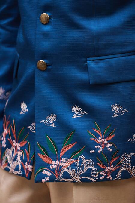 Shop_Philocaly_Blue Silk Embroidery Bagh Mysore Bandhgala _Online_at_Aza_Fashions