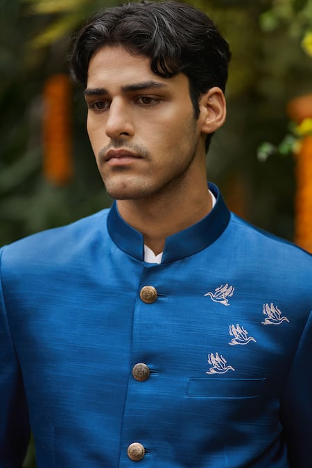 Buy_Philocaly_Blue Silk, Cotton Embroidery, Metallic Thread Bagh Bandhgala And Trouser Set _Online_at_Aza_Fashions