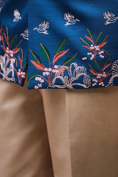 Shop_Philocaly_Blue Silk, Cotton Embroidery, Metallic Thread Bagh Bandhgala And Trouser Set _Online_at_Aza_Fashions