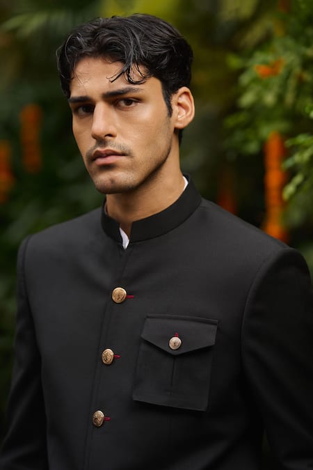 Buy Philocaly Black Wool Arvay Perennial Bandhgala Online at Aza Fashions Buy_Philocaly_Black Wool Arvay Perennial Bandhgala _Online_at_Aza_Fashions