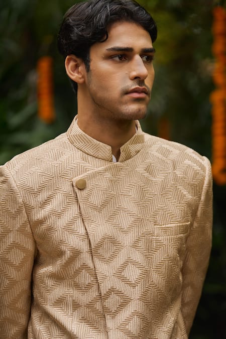 Buy_Philocaly_Beige Silk Aaravya Asymmetrical Overlap Bandhgala _Online_at_Aza_Fashions