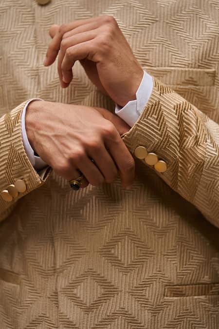 Buy_Philocaly_Beige Silk, Cotton, Tussar Embroidery, Studs Aaravya Asymmetrical Bandhgala Set _Online_at_Aza_Fashions