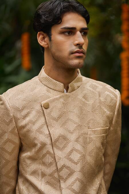 Shop_Philocaly_Beige Silk, Cotton, Tussar Embroidery, Studs Aaravya Asymmetrical Bandhgala Set _Online_at_Aza_Fashions