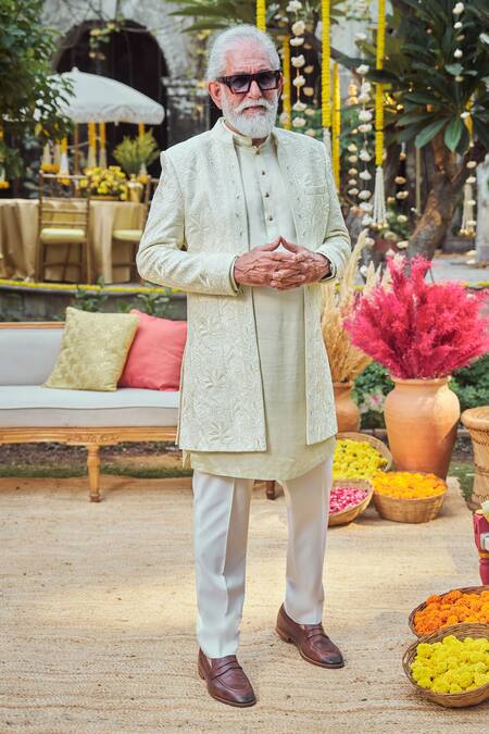 Shop Philocaly Lime Silk Embroidery Layra Open Bandhgala And Kurta Set Online at Aza Fashions Shop_Philocaly_Lime Silk Embroidery Layra Open Bandhgala And Kurta Set _Online_at_Aza_Fashions