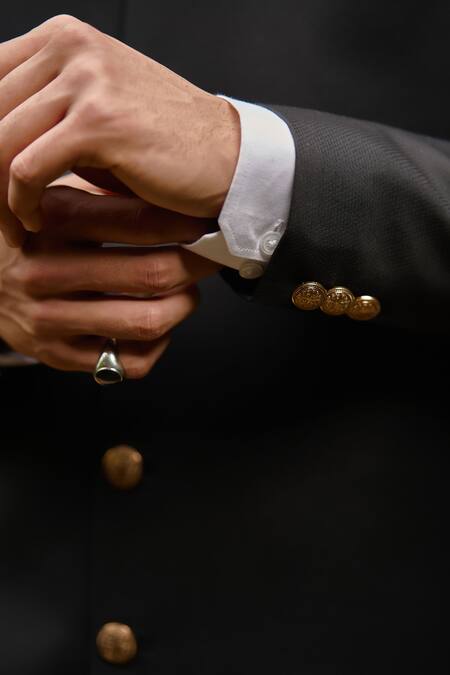 Philocaly Black Wool, Georgette Lace, Embroidery Night Shade Gold Sherwani With Dupatta Online at Aza Fashions Philocaly_Black Wool, Georgette Lace, Embroidery Night Shade Gold Sherwani With Dupatta _Online_at_Aza_Fashions