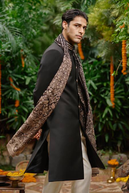 Buy Philocaly Black Wool, Georgette Lace, Embroidery Night Shade Gold Sherwani With Dupatta Online at Aza Fashions Buy_Philocaly_Black Wool, Georgette Lace, Embroidery Night Shade Gold Sherwani With Dupatta _Online_at_Aza_Fashions