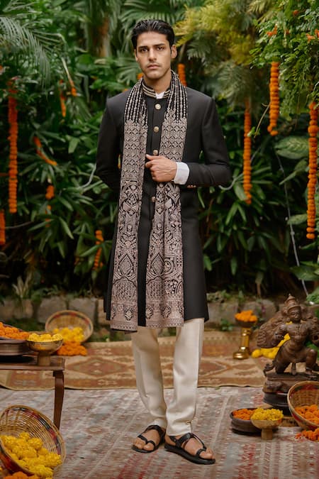 Philocaly Night Shade Gold Lace Sherwani With Dupatta 