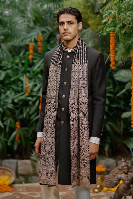 Philocaly Night Shade Gold Lace Sherwani With Dupatta 