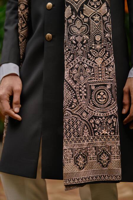 Philocaly Black Wool, Georgette Lace, Embroidery Night Shade Gold Sherwani With Dupatta at Aza Fashions Philocaly_Black Wool, Georgette Lace, Embroidery Night Shade Gold Sherwani With Dupatta _at_Aza_Fashions