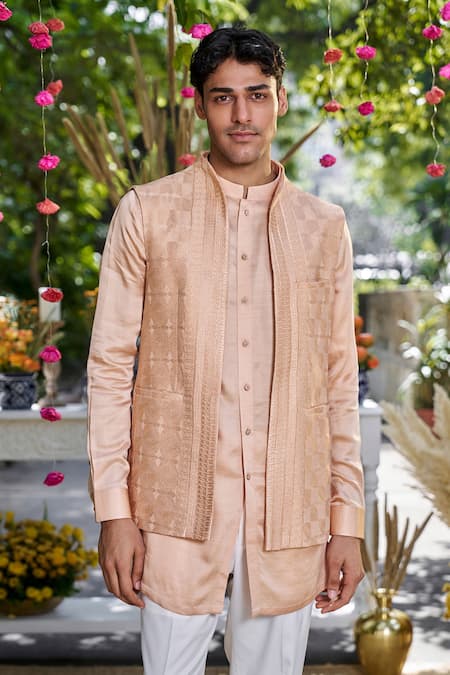 Philocaly Zarqa Geometric Tonal Embroidered Open Bundi 