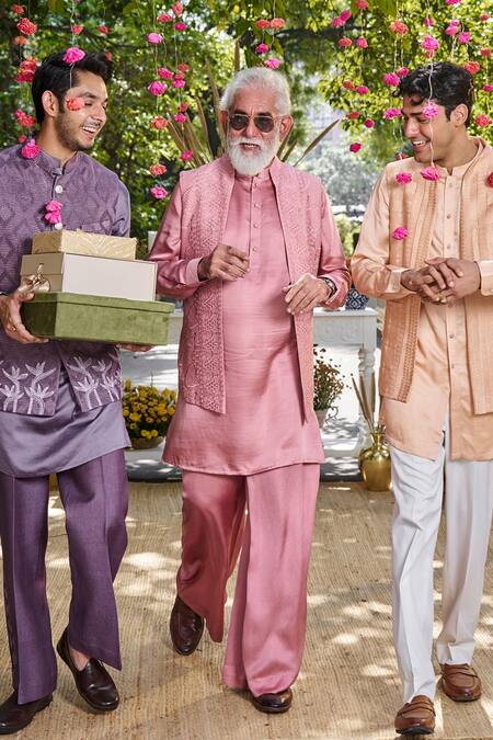 Shop_Philocaly_Purple Silk Embroidery Vanya Geometric Bundi Kurta Set _Online_at_Aza_Fashions