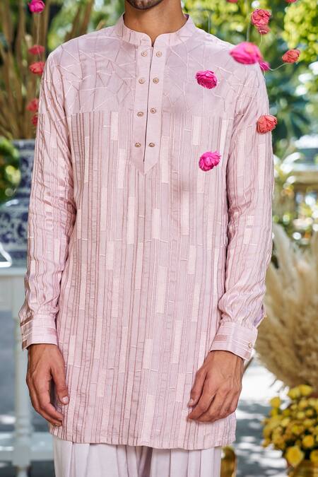 Philocaly_Pink Silk Embroidery Manzar Geometric Pattern Short Kurta _Online_at_Aza_Fashions
