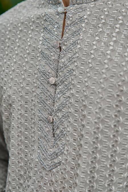 Buy_Philocaly_Grey Georgette, Silk Embroidery Roohani Kurta And Farshi Trouser Set _Online_at_Aza_Fashions