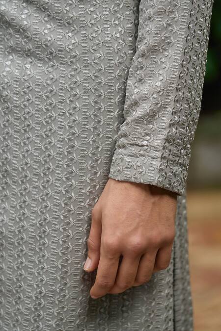 Shop_Philocaly_Grey Georgette, Silk Embroidery Roohani Kurta And Farshi Trouser Set _Online_at_Aza_Fashions