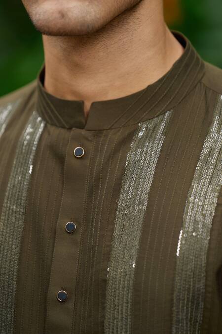 Buy_Philocaly_Olive Green Silk Sequins Sitara And Pintucks Short Kurta _Online_at_Aza_Fashions