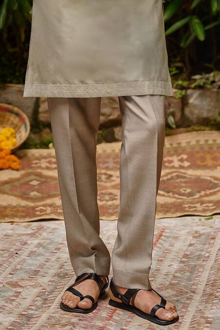 Buy_Philocaly_Silver Silk, Cotton, Tussar Embroidery, Sequins Aabha Zari Kurta And Trouser Set _Online_at_Aza_Fashions