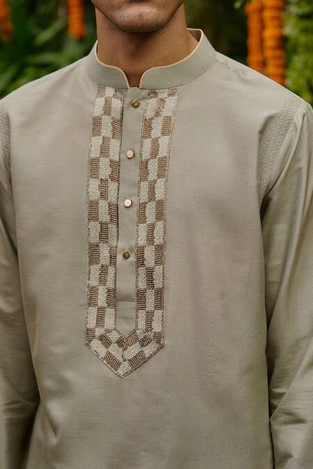 Buy_Philocaly_Silver Silk, Cotton, Tussar Embroidery, Sequins Aabha Zari Kurta And Trouser Set 