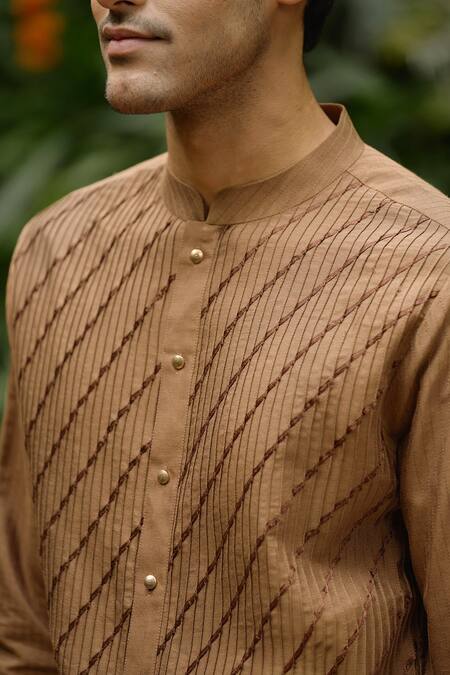Shop_Philocaly_Brown Silk Lace, Embroidery Deep Pintuck And Detailing Kurta _Online_at_Aza_Fashions