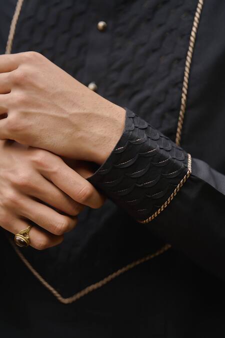 Philocaly_Black Silk Aurum Scalloped Pintuck Kurta Set _Online_at_Aza_Fashions