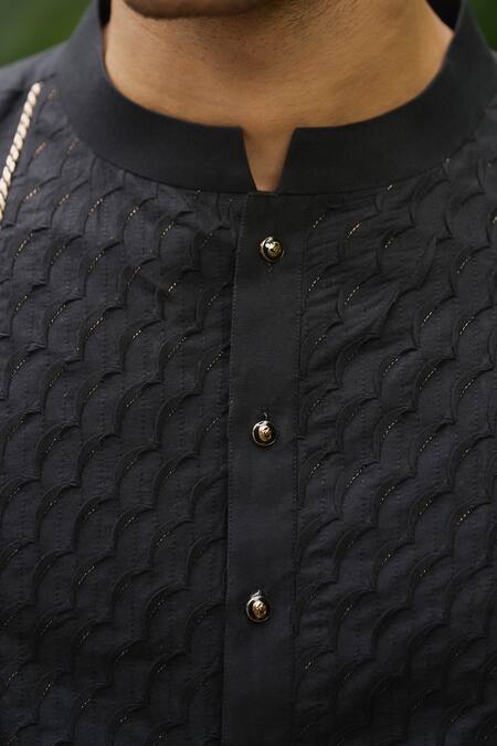 Shop_Philocaly_Black Silk Aurum Scalloped Pintuck Kurta Set _Online_at_Aza_Fashions