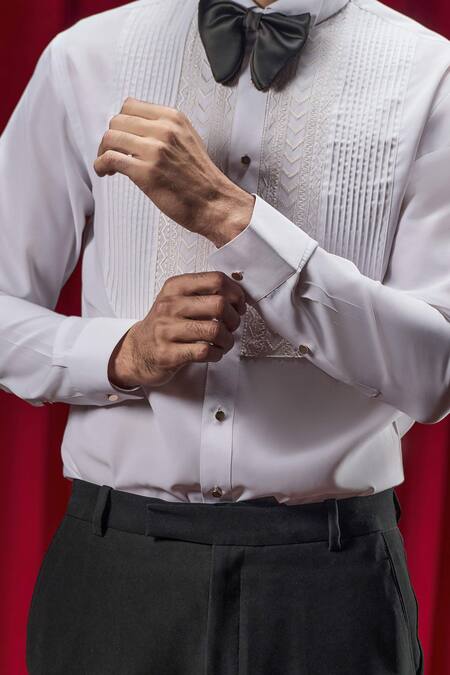 Philocaly_White Cotton Embroidery Mendes Geometric Tuxedo Shirt _Online_at_Aza_Fashions