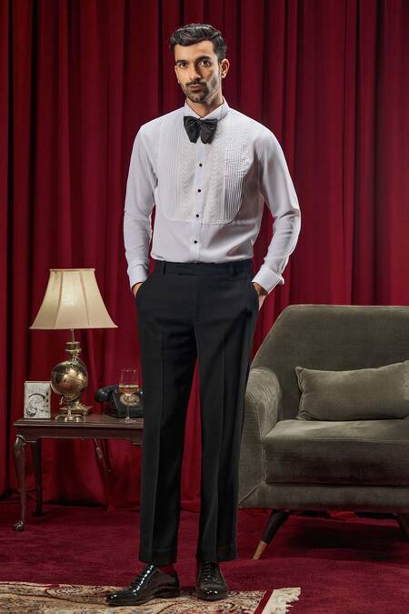 Buy_Philocaly_White Cotton Embroidery Mendes Geometric Tuxedo Shirt _Online_at_Aza_Fashions